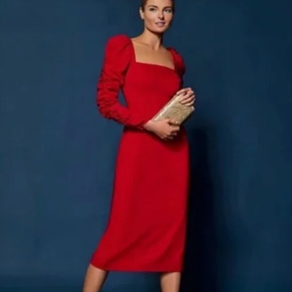 NWT Antonio Melani Francine square neck long ruched sleeve dress in cherry red - Picture 1 of 9